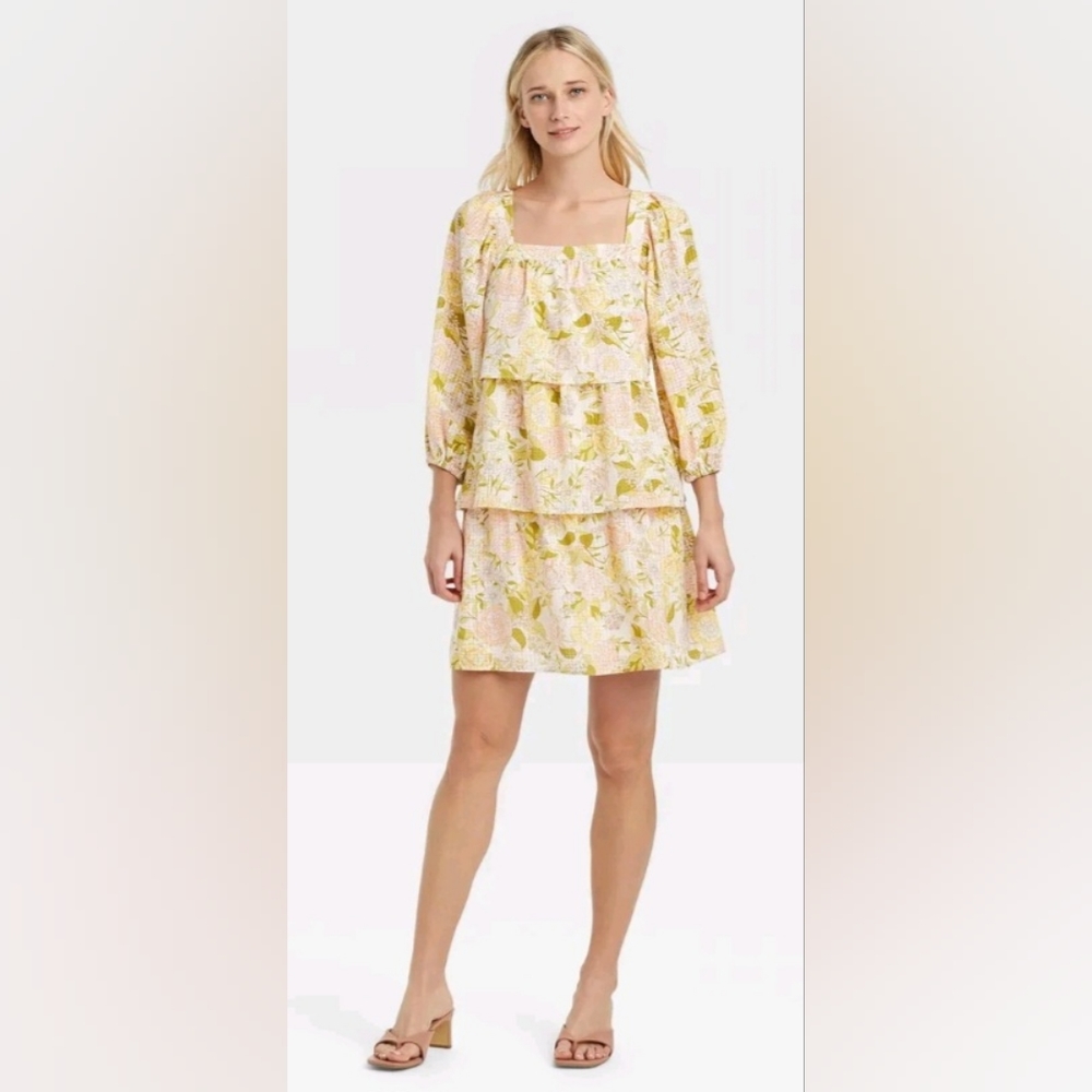 Who What Wear Yellow Floral Bishop Dress Large NWT - Picture 5 of 5